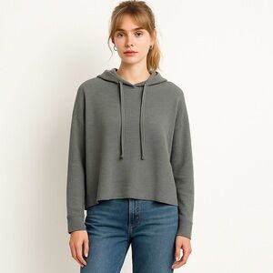 Eileen Fisher Top M Gray Organic Cotton Blend Boxy Thermal Knit Hoodie